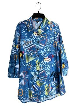 Shana Blue Abstract Art Print 100% Cotton Button Front Tunic Top Size S